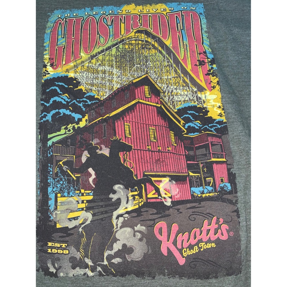 Knotts Berry Farm GhostRider Ghost Town T-Shirt Mens Small Green Roller Coaster